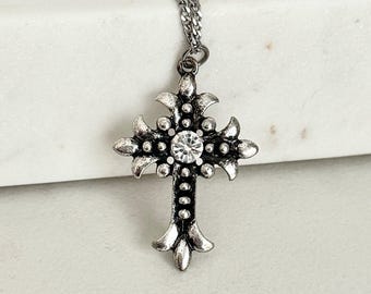 Gothic Cross Necklace Silver Grunge Jewelry Cross Pendant Gift for Christian Friend Gothic Jewelry Grunge Necklace Statement Jewelry