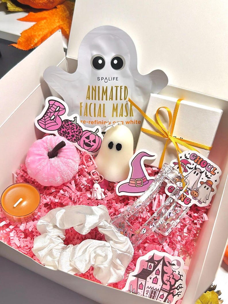 Halloween Gift Box for Her Pink Spooky Basket Gift for Friend Boo Basket Pink Gift Box Care Package Ghost Candle Keychain Skull Earring image 1