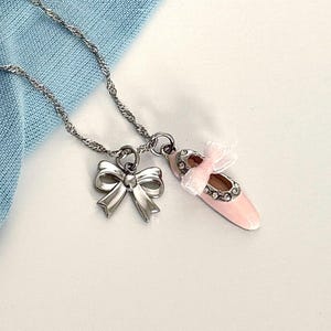 Ballet Slipper Necklace Silver Bow Charm Pink Coquette Jewelry Ballerina Aesthetic Necklace Gift for Her