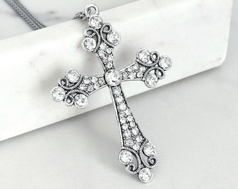 Gothic Cross Necklace Silver Vintage Jewelry Religious Big Cross Pendant Women Accessories Grunge Jewelry Gift for Her Chunky Cross Necklace