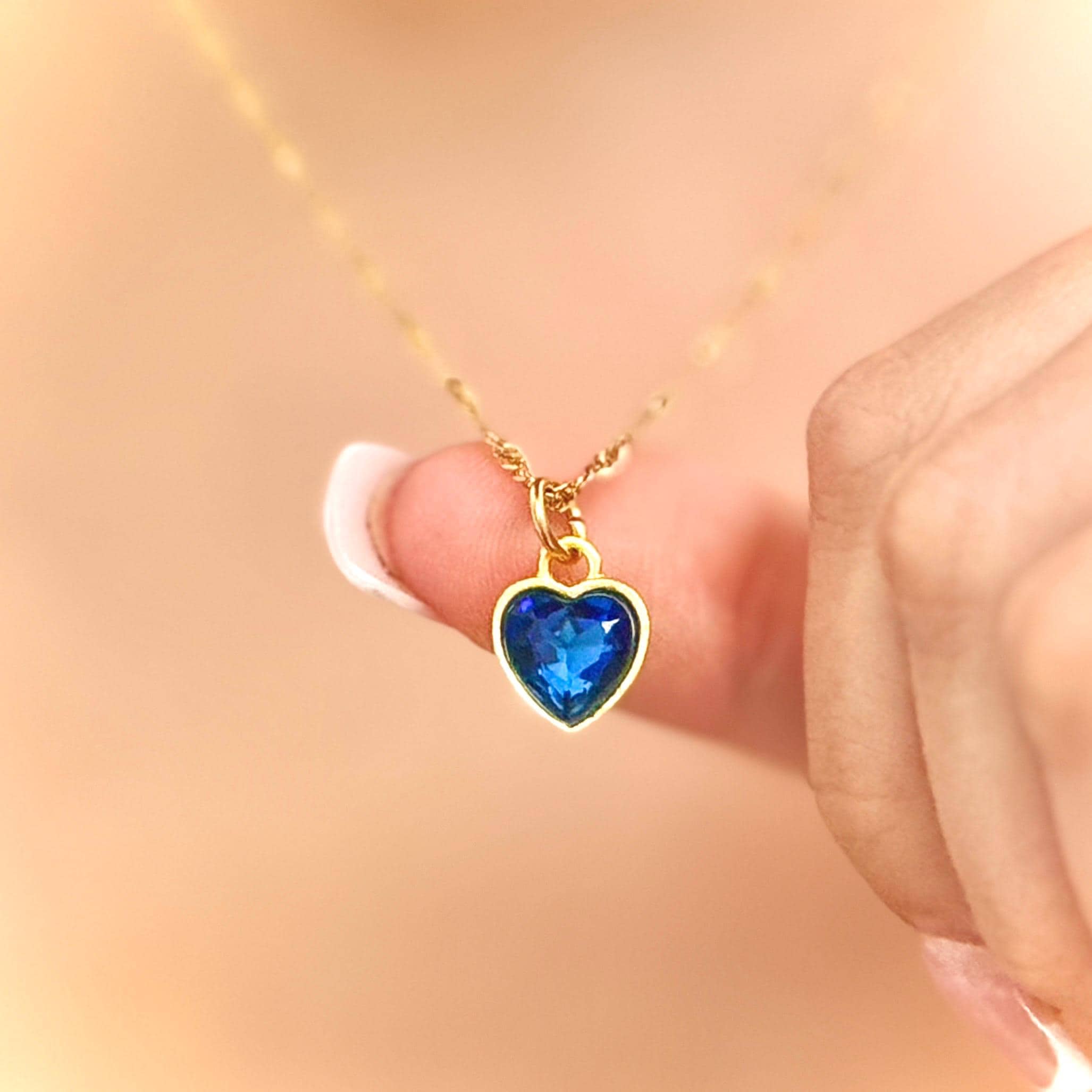 Blue Heart Pendant Necklace for Her Dainty Gold Jewelry Gift for 