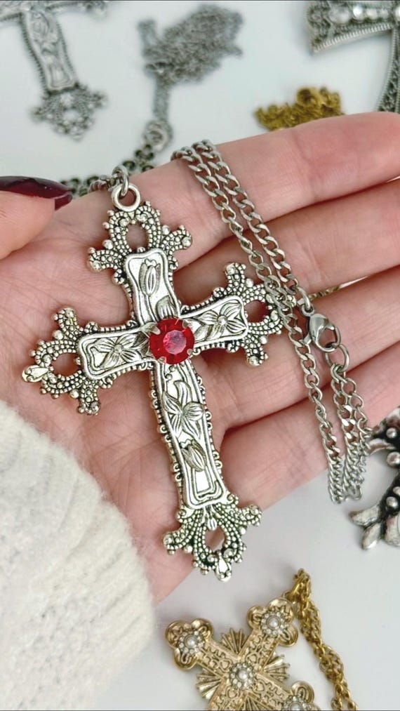 Gothic Cross Necklace Silver Big Cross Pendant Vintage Grunge 