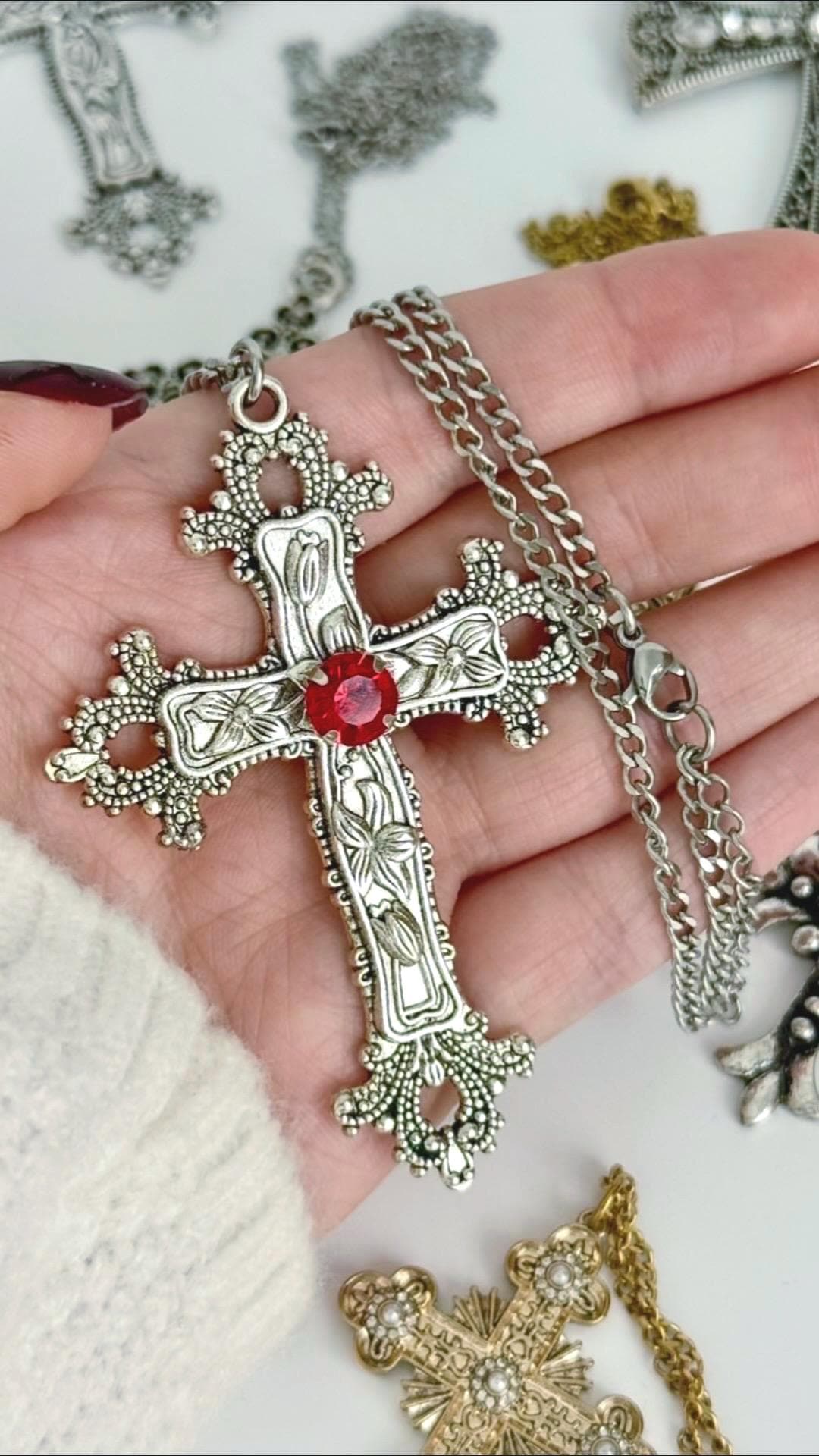 Gothic Cross Necklace Silver Big Cross Pendant Vintage Grunge
