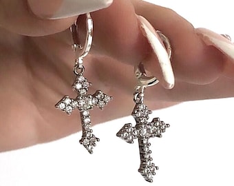 Silver Cross Earrings Dainty Dangle Earrings Minimalist Cross Jewelry Gift for Christian Friend Bible Study Friend Gift Idea for Women Faith