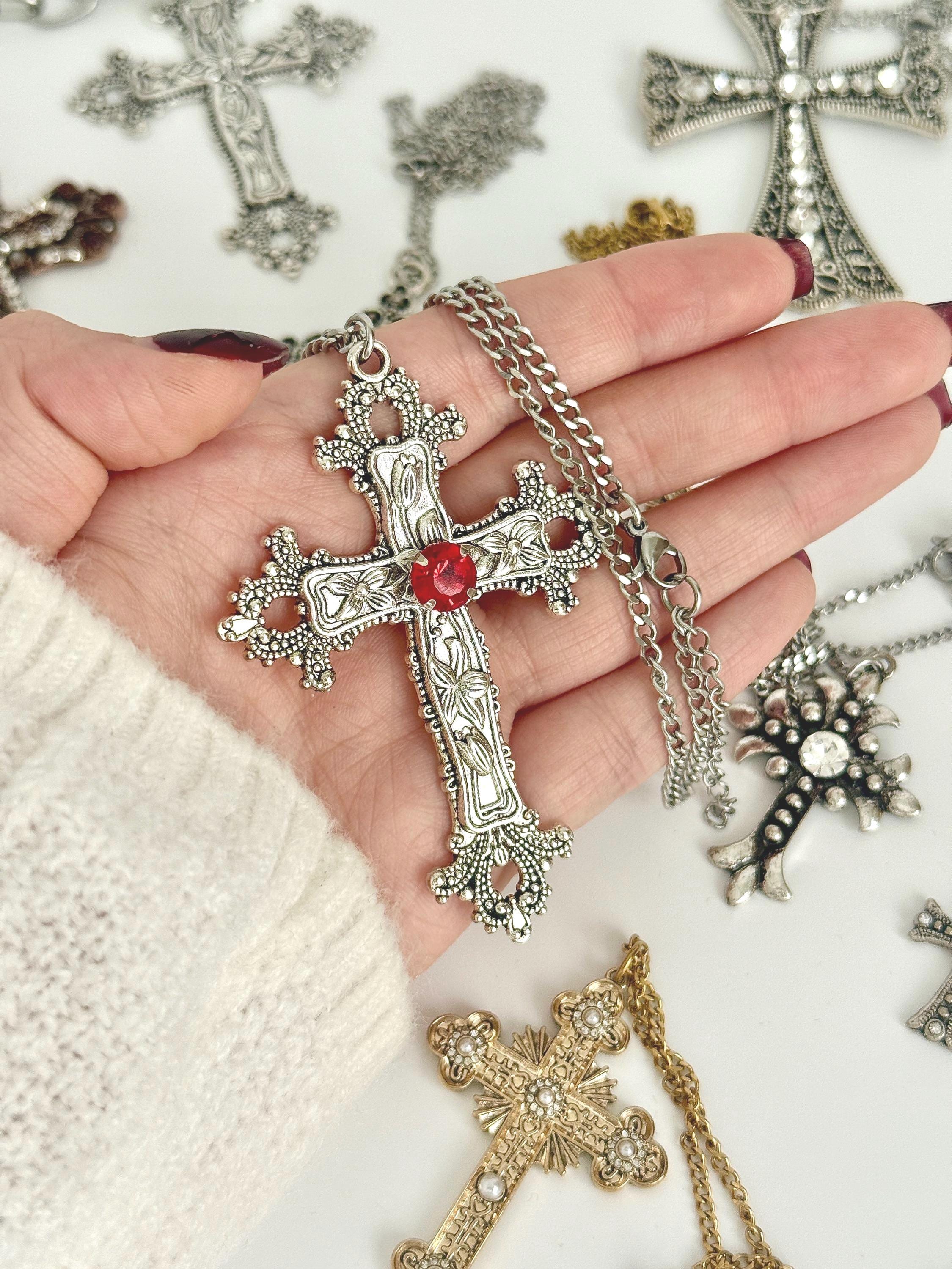 Gothic Cross Necklace Silver Big Cross Pendant Vintage Grunge