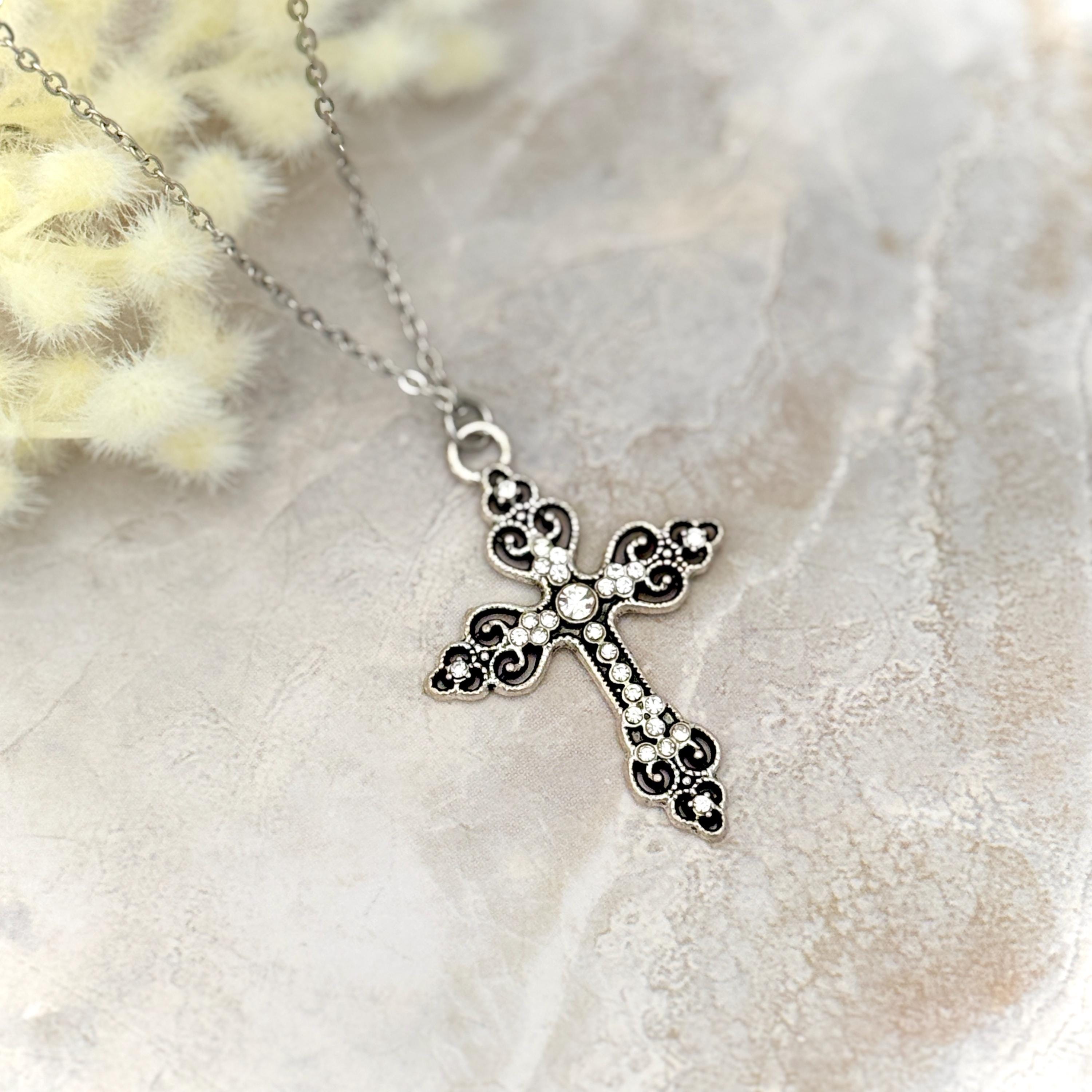 Gothic Cross Necklace Silver Cross Pendant Vintage Grunge Jewelry 