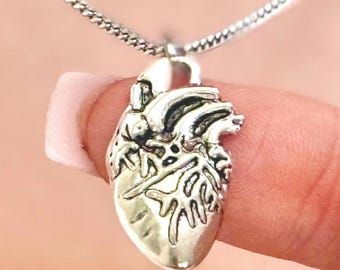 Anatomical Heart Necklace Silver Human Heart Charm Grunge Jewelry