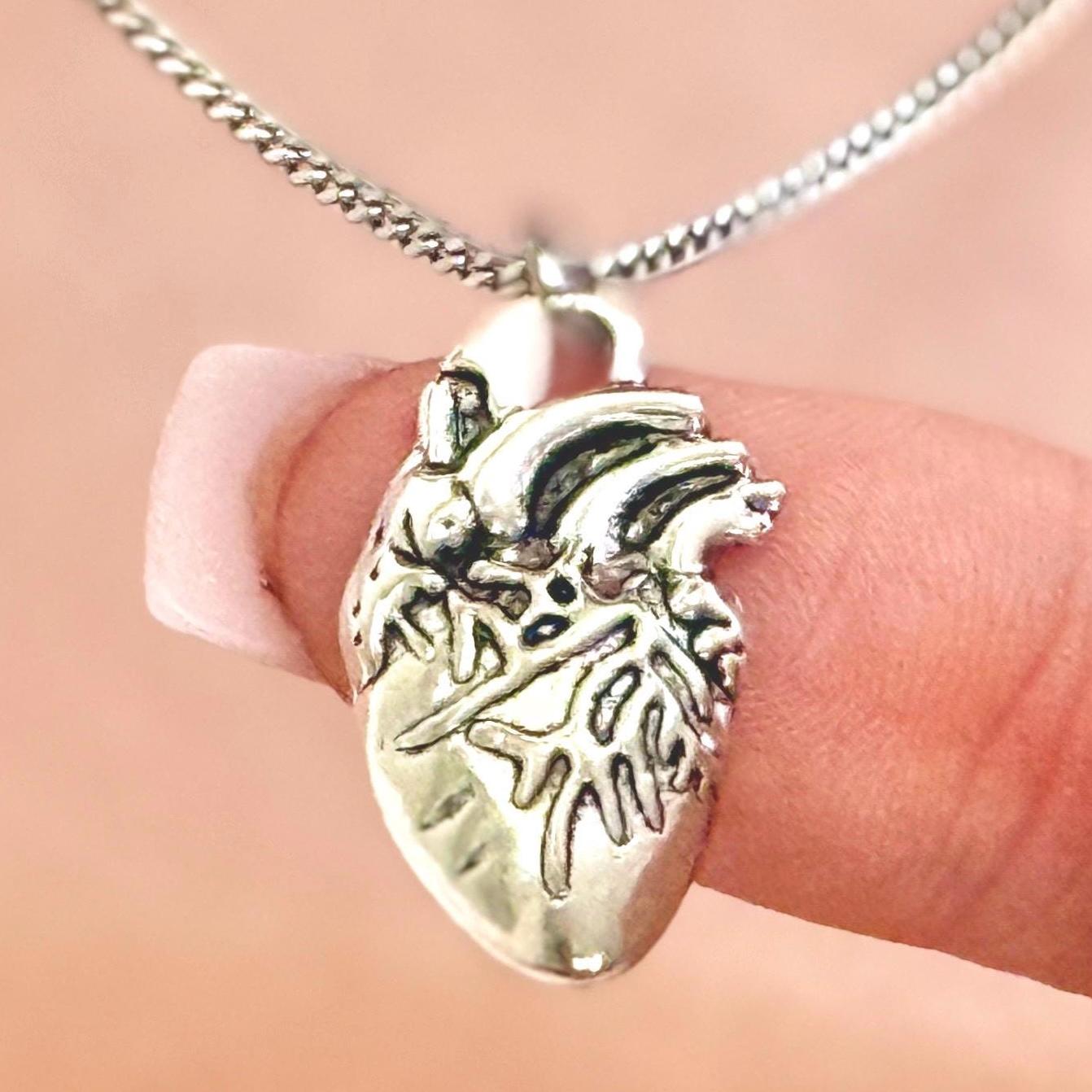 Anatomical Heart Necklace Silver Human Heart Charm Grunge Jewelry