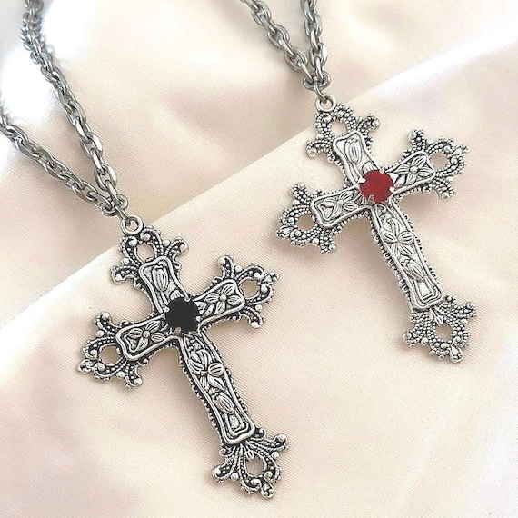 Gothic Cross Necklace Silver Big Cross Pendant Vintage Grunge