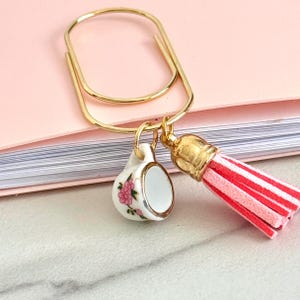 Pink Floral Bookmark Charm Page Holder Reader Gift Stocking Stuffer Gift for Her Tassle Bookmark Tea Cup Ceramic Charm Cozy Bookworm Gift