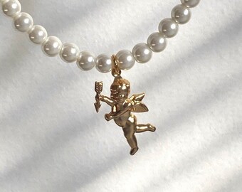 Engel Perlenkette Gold Engel Anhänger Zierliche Edelstahl Halskette Kokette Schmuck Geschenk für Freund Minimalist Goldschmuck Dollete