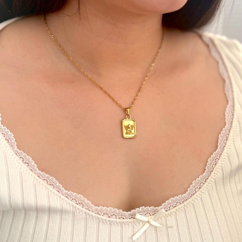 18k Gold Angel Necklace Dainty Cherub Pendant Necklace Minimalist Everyday Jewelry Gift for Her Stainless Steel Gold Jewelry Christian Gift image 3