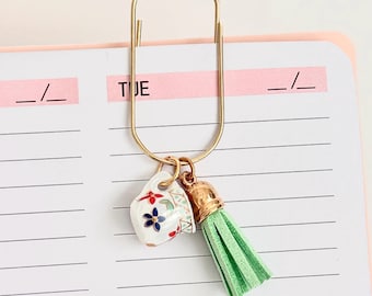 Teacup Charm Bookmark Page Holder Reader Gift Stocking Stuffer Gift for Her Tassle Bookmark Green Bookworm Dainty Gift Tea Cup Ceramic Charm