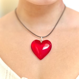 Big Red Heart Necklace Chunky Large  Heart Pendant Coquette Jewelry Gift For Her Grunge Chunky Charm Women Leather Cord Necklace