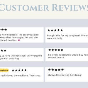 Customer review highlights for Blue Doll angel necklace showing five star feedback