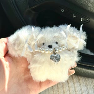 White Bunny Bag Charm Bow Fluffy Bunny Keychain Coquette Purse Charm Plushie Backpack Accessorie Rabbit Charm Gift for Teen Daughter Keyring
