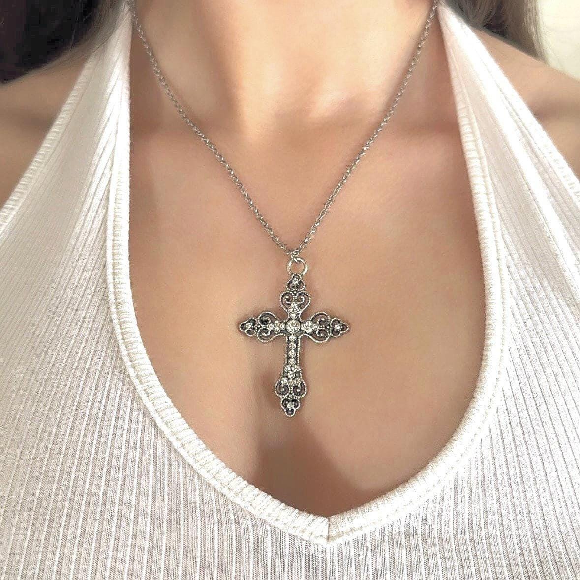 Goth Cross Necklace Y2K Grunge Silver Jewelry Women Small Silver
