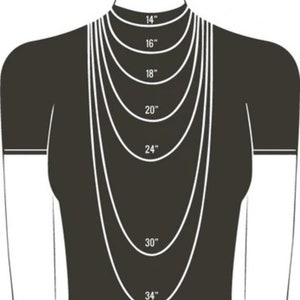 Op de afbeelding: Diagram met verschillende kettinglengtes op een model, vari&euml;rend van 14 inch tot 34 inch.