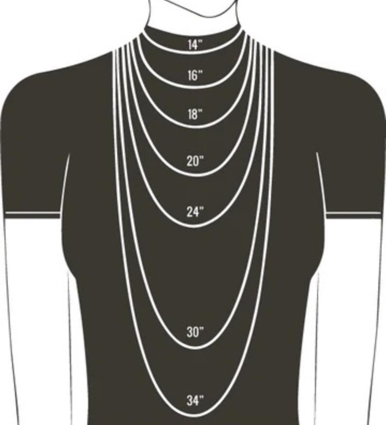 Op de afbeelding: Diagram met verschillende kettinglengtes op een model, vari&euml;rend van 14 inch tot 34 inch.
