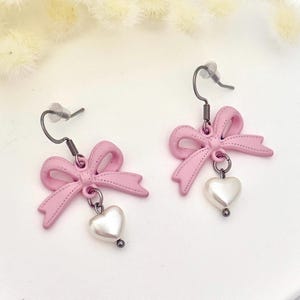 Coquette Dangle Earring Pink Bow Charm Heart Earring Coquette Jewelry for Tween Birthday Gift Bow Pink Coquette Earring Silver Jewelry Gift
