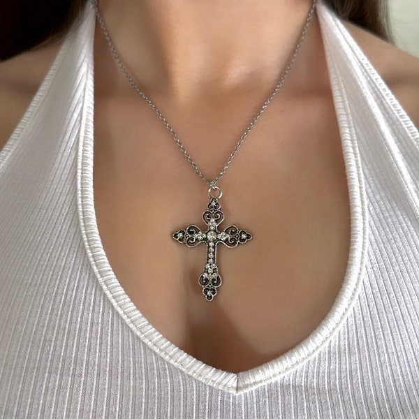 Silver Celestial cross necklace pendant gothic y2k grunge coquette vintage silver cross jewelry personalized gift
