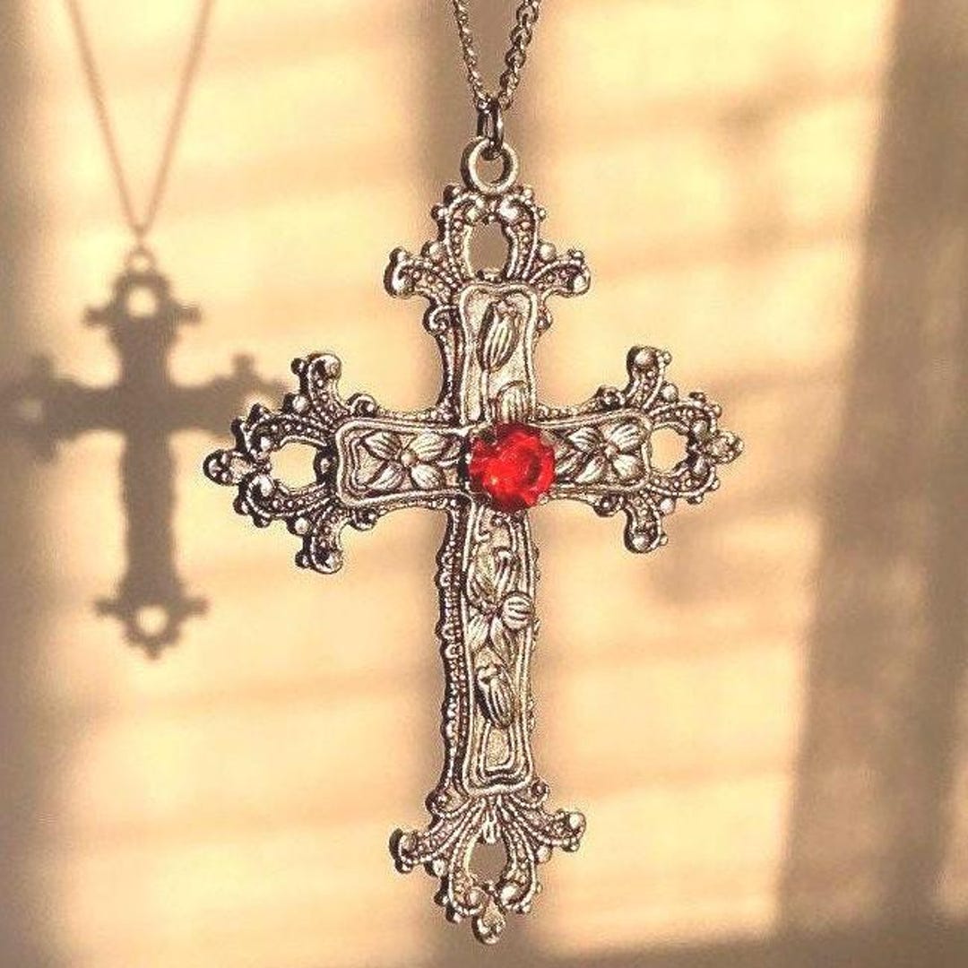 Gothic Cross Necklace Silver Big Cross Pendant Vintage