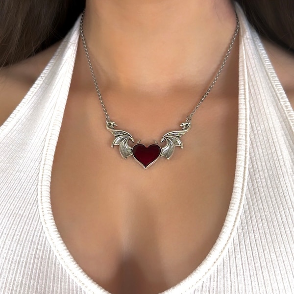 Fallen Angel red heart necklace gothic y2k grunge coquette jewelry women silver wings heart pendant personalized gift