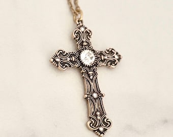 Golden Serenity Necklace Chunky Gold Cross Necklace Women Jewelry Gift for Her Statement Gold Jewelry Christian Giftset  Cross Pendant Gold