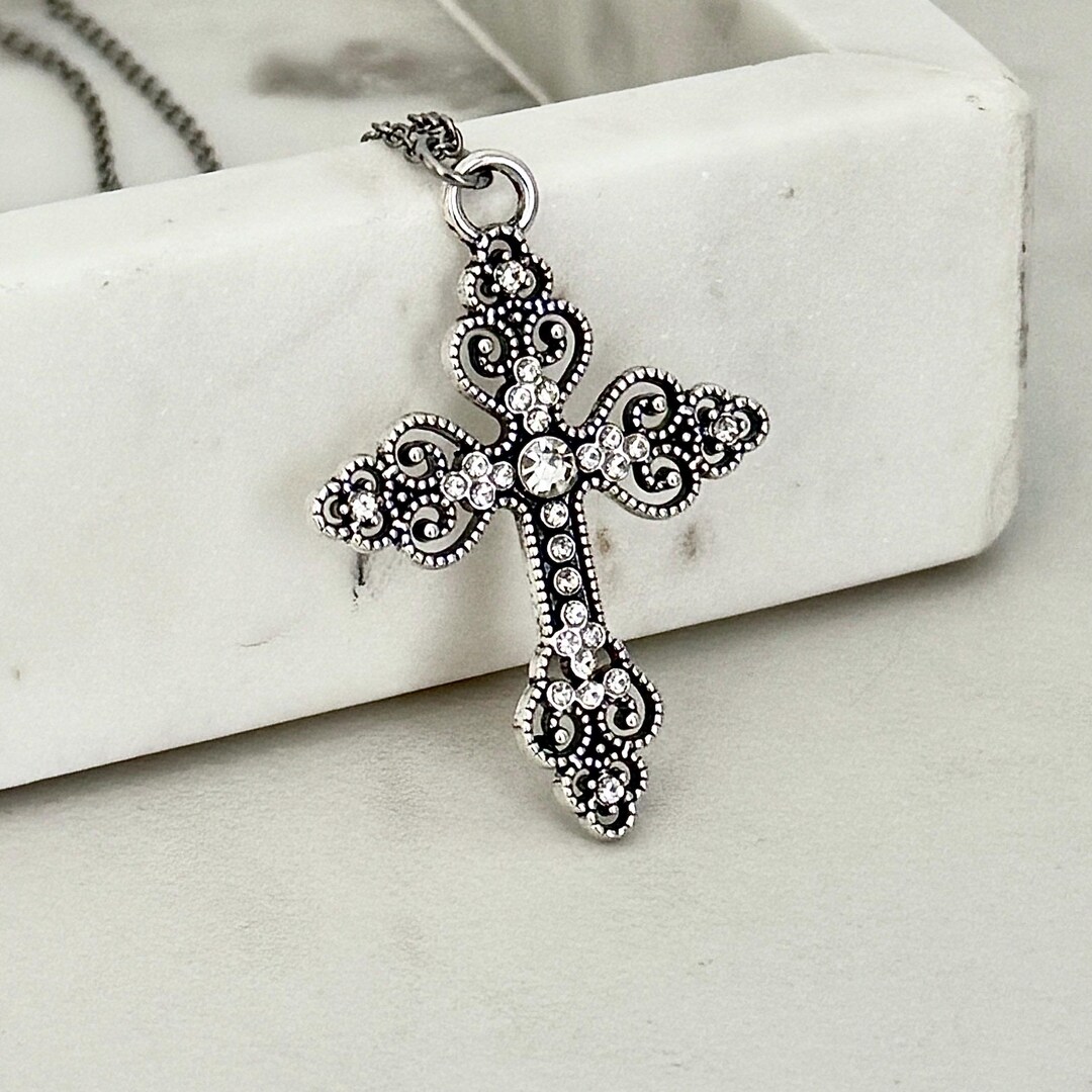thumbnail image 2 of Silver Cross Pendant Necklace – Acrylic Charm, Simple Religious Fashion Jewelry 2 of 5