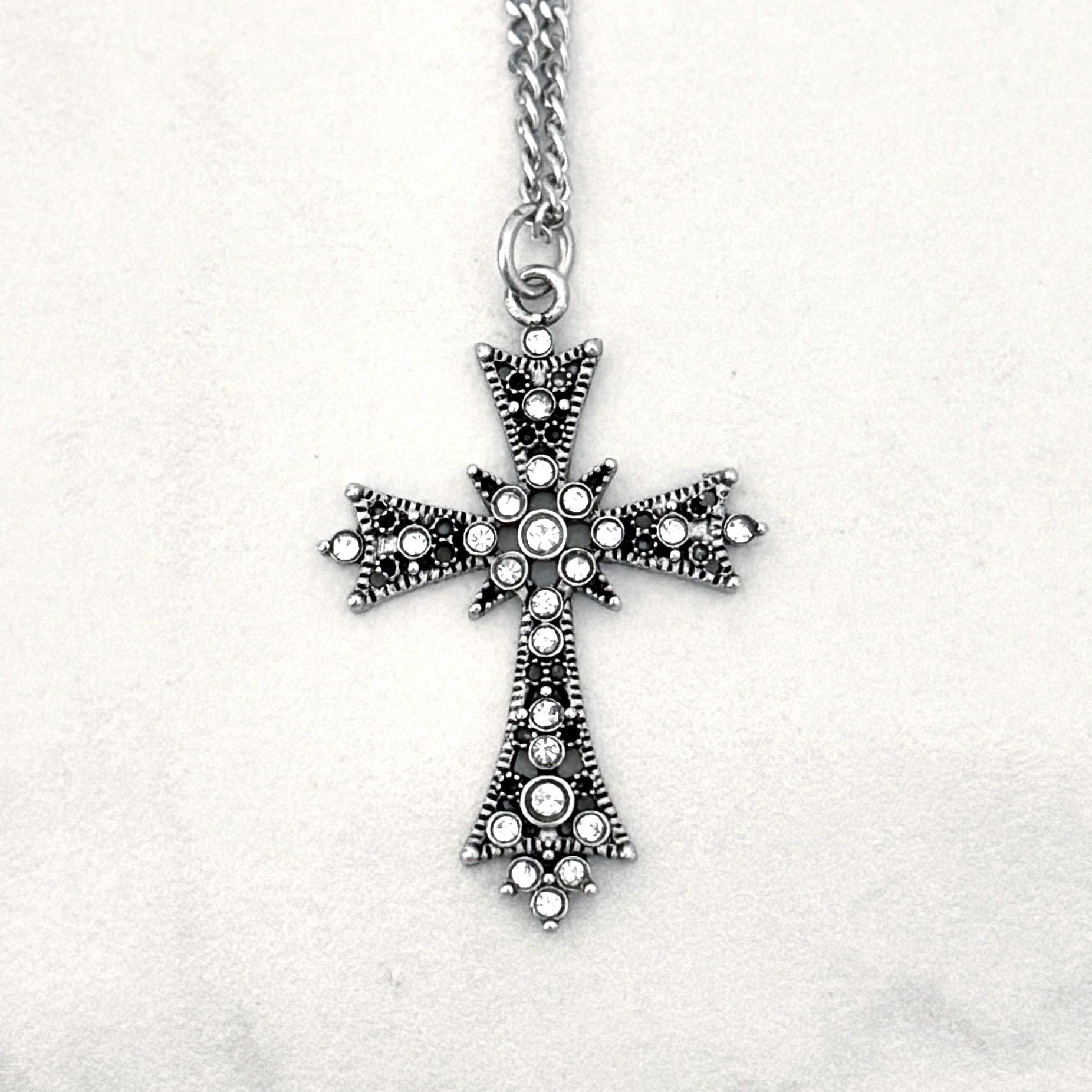 Gothic Cross Necklace Silver Vintage Cross Pendant Grunge Jewlery