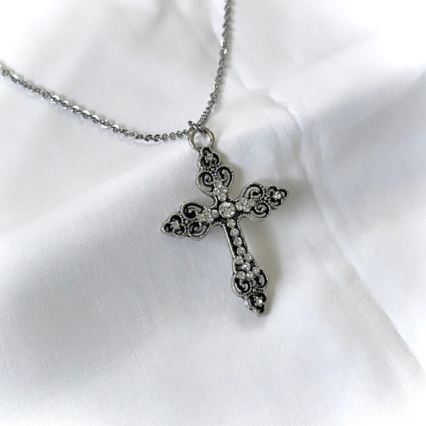 Silver Celestial cross necklace pendant gothic grunge coquette vintage silver cross jewelry personalized gift