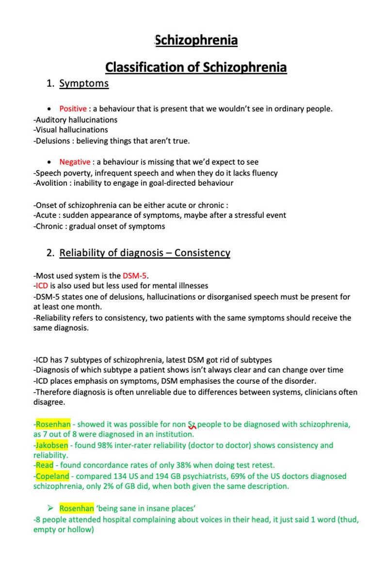 AQA A Level Psychology Notes | Paper 3 - Schizophrenia - Etsy