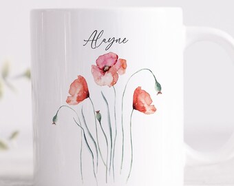 Personalized Red Poppies Watercolor Mug: Wildflower Gift
