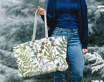 Green Winter Botanical Weekend Bag, Tote Bag with Rope Handles, Green tote bag, Large Tote Bag, Winter Tote Bag, Weekender Bag, Gift for Her