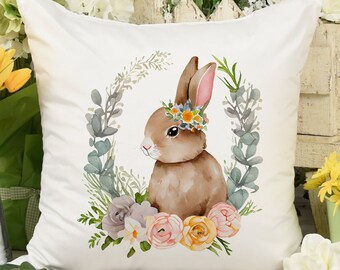 Cojín de conejo acuarela: Funda de conejo floral primaveral