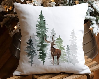 Winter Tree Pillow Cover, Christmas Deer Pillow Cover, Watercolor Pine Tree Pillow, Forest Tree Pillow Cover, Farmhouse Pillow, Rustic Decor