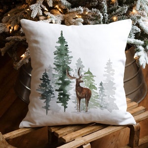 Winter Tree Pillow Cover Christmas Deer Pillow Cover Watercolor