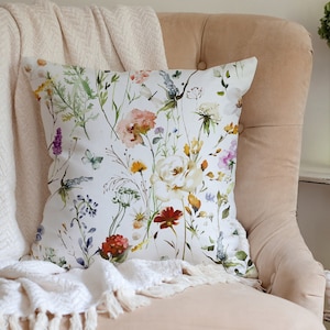 Watercolor Wildflowers Spring Summer Pillow Cover, Colorful Flower Pillowcase, Farmhouse Decorative Throw Pillow, Spring Cushion, Home Decor