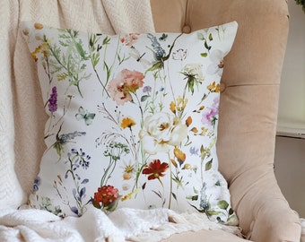 Watercolor Wildflowers Spring Summer Pillow Cover, Colorful Flower Pillowcase, Farmhouse Decorative Throw Pillow, Spring Cushion, Home Decor