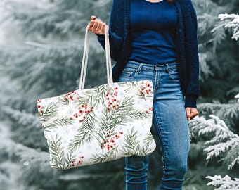 Red Winter Berry Weekend Bag, Winter Botanical Tote Bag with Rope Handles, Large Tote Bag, Winter Tote Bag, Weekender Bag, Gift for Her