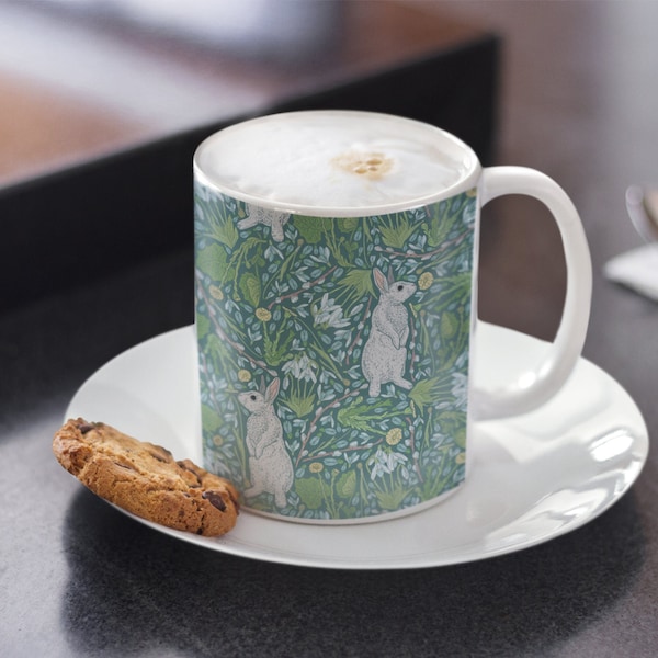 Bunny Mug, Green Vintage White Rabbit and Flowers Pattern Ceramic Mug, Rabbit Mug, Cute Bunny Mug, Woodland Animal Mug, Bunny lover gift