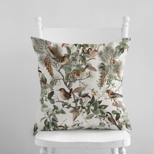 Birds and Mushrooms Botanical Pillow Cover, Mushroom Pillowcase, Woodland Fall Pillows, Cottagecore Pillows, Farmhouse Decorative Pillow