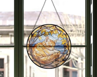 Autumn Cat Suncatcher: Round Stained Glass Effect Window Hanging