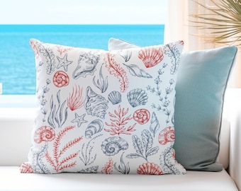 Funda de almohada con diseño de conchas marinas y coral, almohada de playa, almohada de arrecife de coral, almohadas costeras, almohadas náuticas, almohada decorativa de verano, para casa de playa.