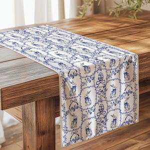 Watercolor Blue Chinoiserie Rabbit Table Runner, Easter Table Runner, Spring Table Runner, Cotton Floral Table Runner, Easter Decor
