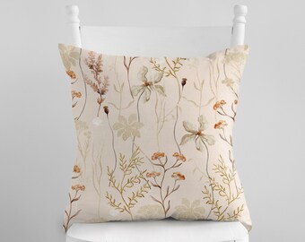 Beige Wildflower Pillow Cover: Spring Botanical Farmhouse Cushion