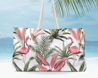 Watercolor Pink Flamingo Large Tote Bag, Pink Floral Tote Bag, Pink Summer Beach Bag, Tropical Weekend bag, Summer Tote Bag