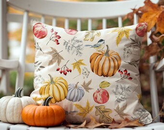 Pumpkin, Birds Botanical Pillow Covers, Pumpkin Fall Pillow, Autumn Leaves Pillow, Fall Pillow Covers, fall throw pillows, Farmhouse pillows