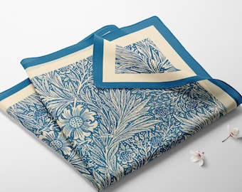 William Morris Floral Silk Scarf: Blue Retro Satin Flower Scarf
