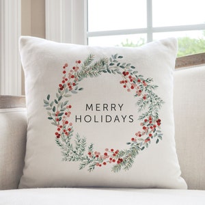 Christmas Wreath Pillow, Red Berry Botanical Pillow Cover, Christmas Pillow Cover, Winter Berry Pillow Cover, Winter Decor, Farmhouse Pillow